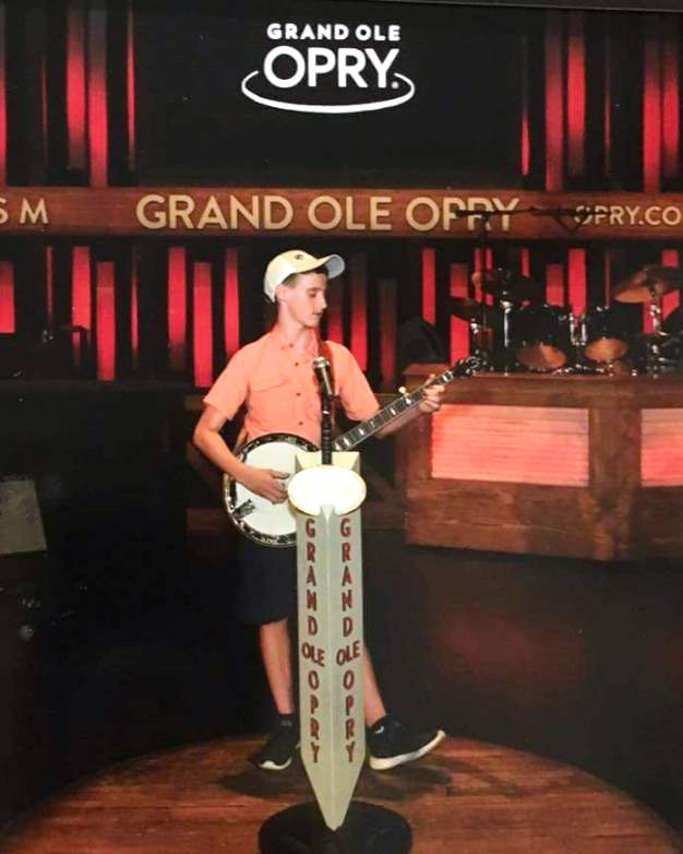 Riley Gilbreath with Huber banjo at Grand Ole Opry (June 2018)