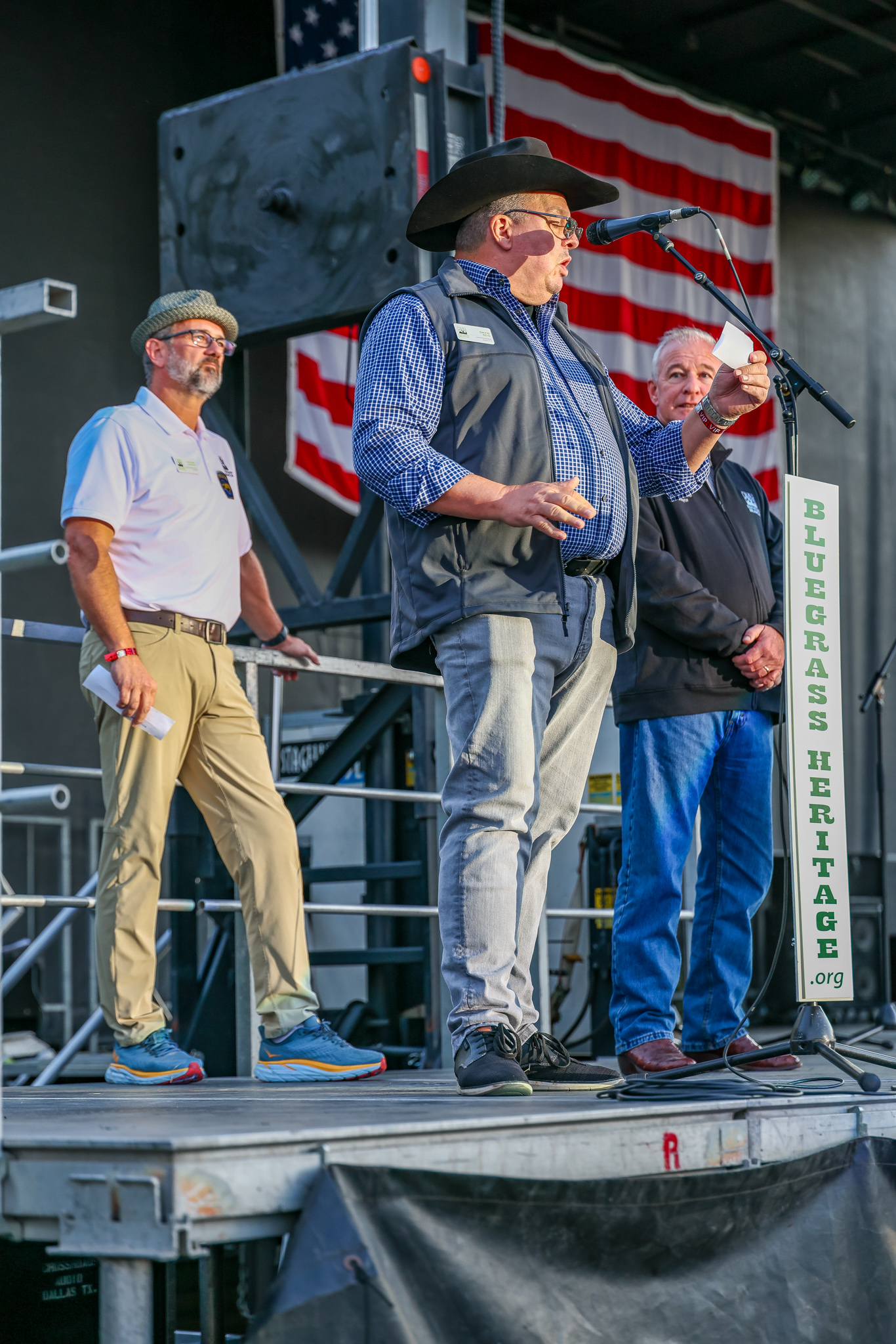 Farmers Branch Mayor Terry Lynne with Councilmen Richard Jackson and David Reid at Bloomin Bluegrass 2024 (by Randy Watkins)