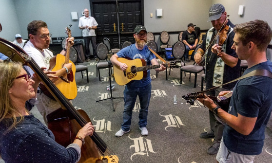 Late-night jamming at Bluegrass Heritage Festival 2019.  Photo by Nate Dalzell.