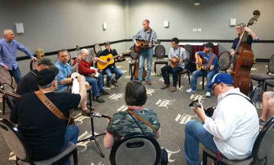 Jamming with Riley & Danny Gilbreath at Bluegrass Heritage Festival 2019. Photo by Alan Tompkins.